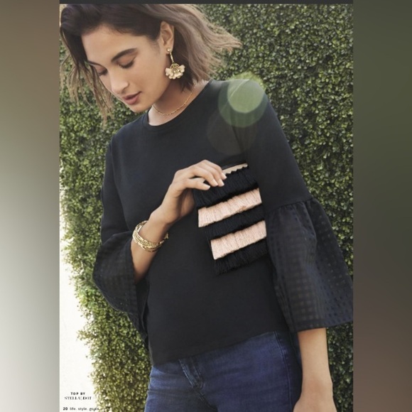 🆕Stella & Dot Eloise  black & blush fringe clutch. Floral interior. 🖤 🧡NWOT - Picture 3 of 10